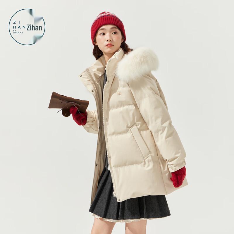 ZIHAN Women's Mid-Length Hooded Down Jacket with Fox Fur Collar