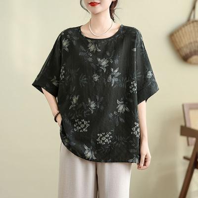Women's Black Floral Print Loose Fit Half Sleeve Linen Blend Casual Blouse
