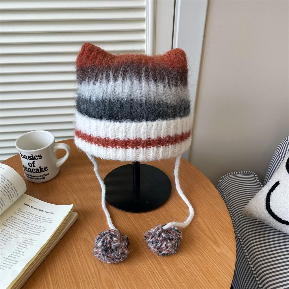 Korean Niche Retro Plush Striped Knitted Hat for Women In Autumn and Winter Warm Ear Protection Hat Handmade Dopamine Wool Hat