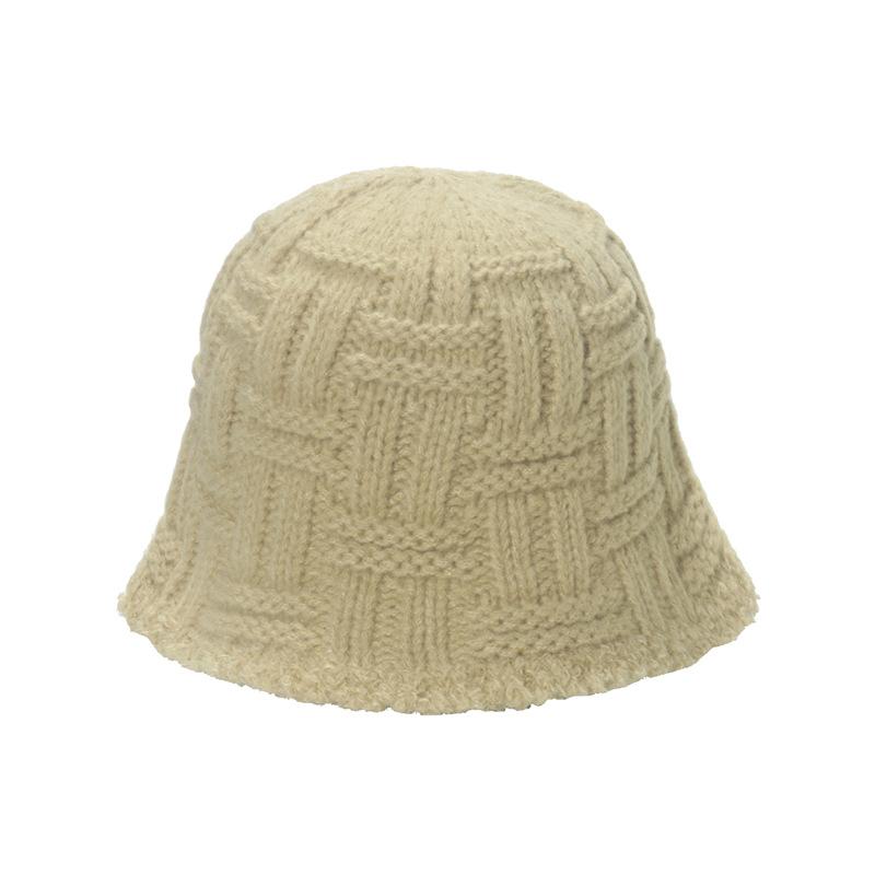Japanese Niche Literature and Art Trend Simple Wool Hat Women Winter Warm Knitted Hat Plaid Bucket Hat Bucket Hat Women