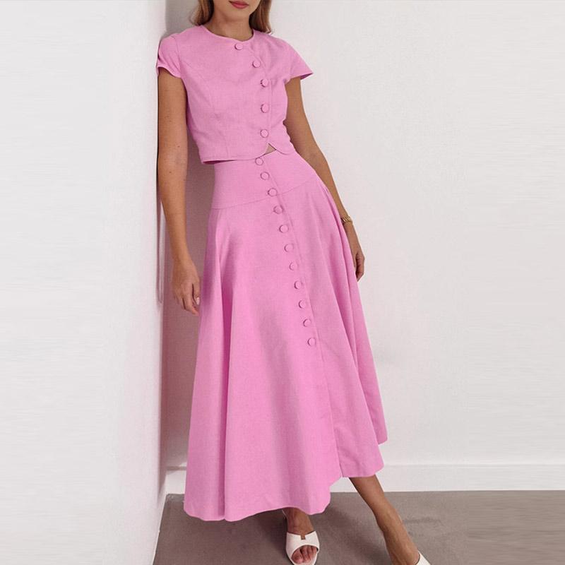 Women's Skirt Set Solid Color O-neck Short Sleeved Slim Top A-line Loose Short Skirt 2025 Summer New Fashion Women's Two-piece Set