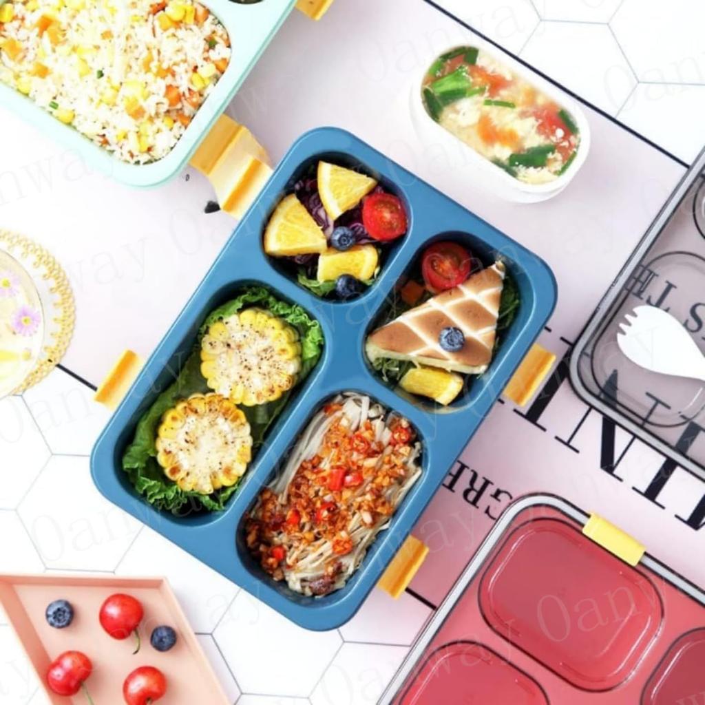 Oanawy Lunch Tray, Student Lunch Box, Employee Cafeteria, with Lid, Airtight, Microwaveable (Red, 4 Grids)
