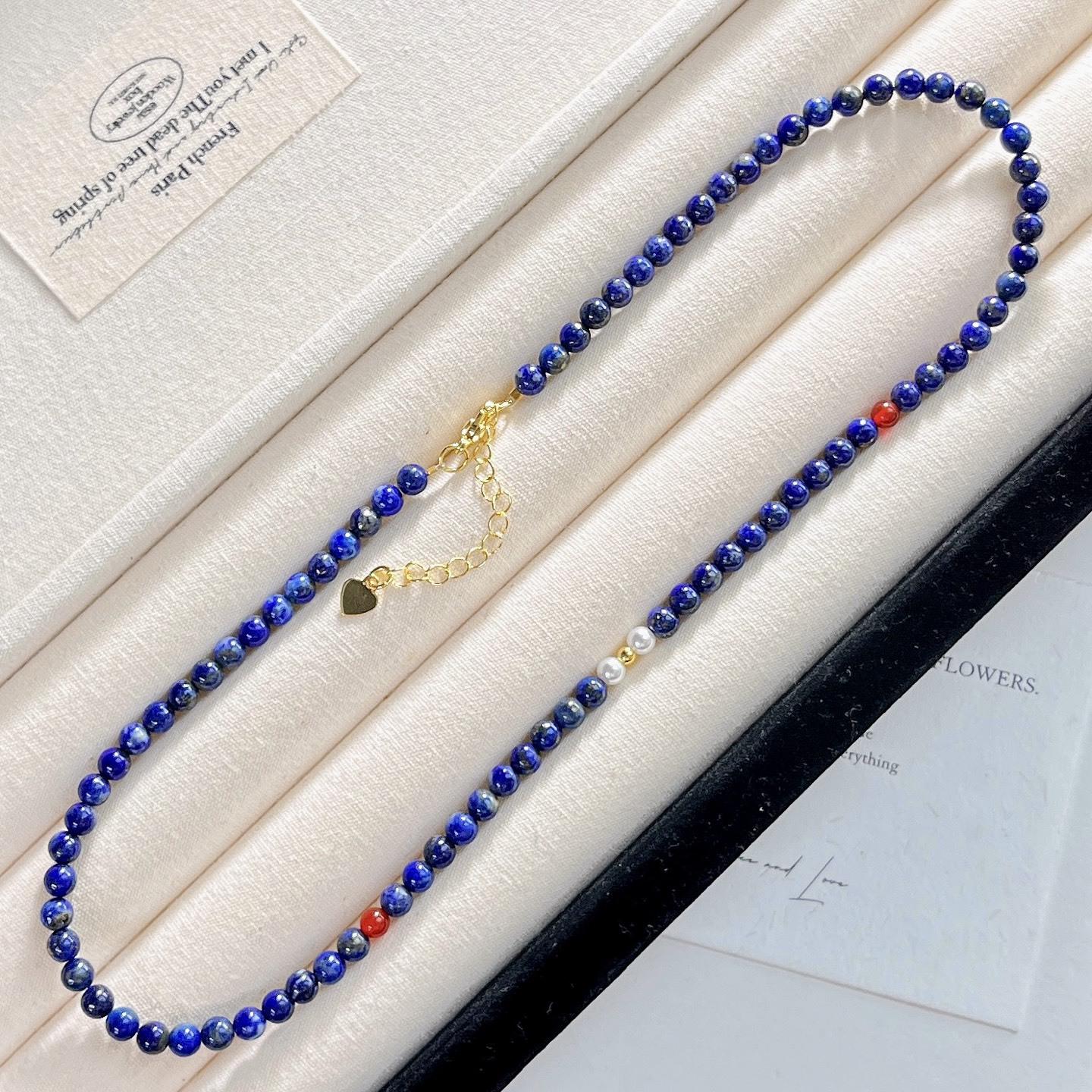 4Mm High Quality Natural Lapis Lazuli Design Sense Collarbone Chain Necklace