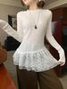 Women's French Lace Patchwork Long Sleeve Ruffle Turtleneck for Fall/Winter Layering