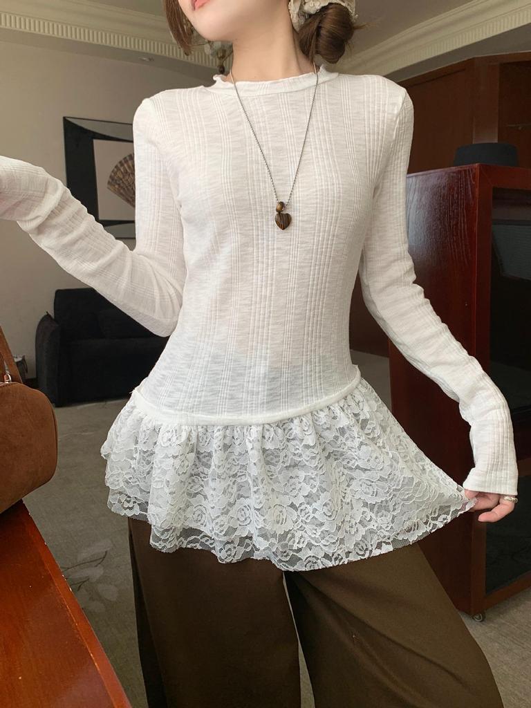 Women's French Lace Patchwork Long Sleeve Ruffle Turtleneck for Fall/Winter Layering