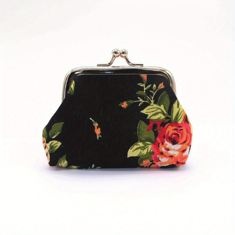 1pc Kiss Lock Coin Purse, Women's Stylish Small Canvas Floral Pattern Storage Bag Ofr Keys & Lipstick