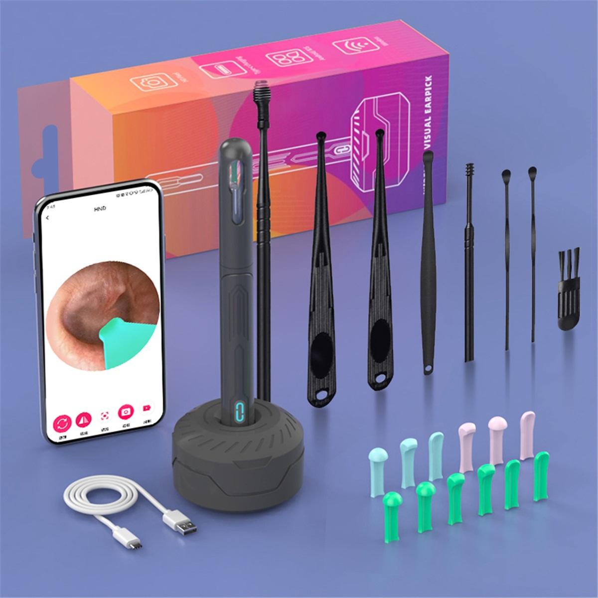 Ear Cleaner With Camera Set Ear Sticks Otoscope USB C Charging Wax Removal Tool Earpick MIni Camera Ear Cleaning Set Set1-Black Set