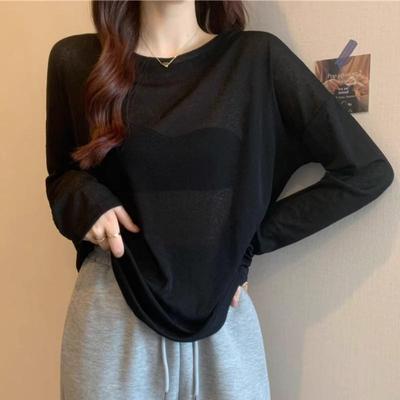 Women’s Long Sleeve Sunscreen T-Shirt - Loose White, Slim Round Neck, Korean Cotton Bottoming Shirt