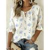 Women's White Lily of the Valley Print Tie Neck Blouse, Casual Loose Tops for Spring Summer Daily Wear & Vacation Occasions