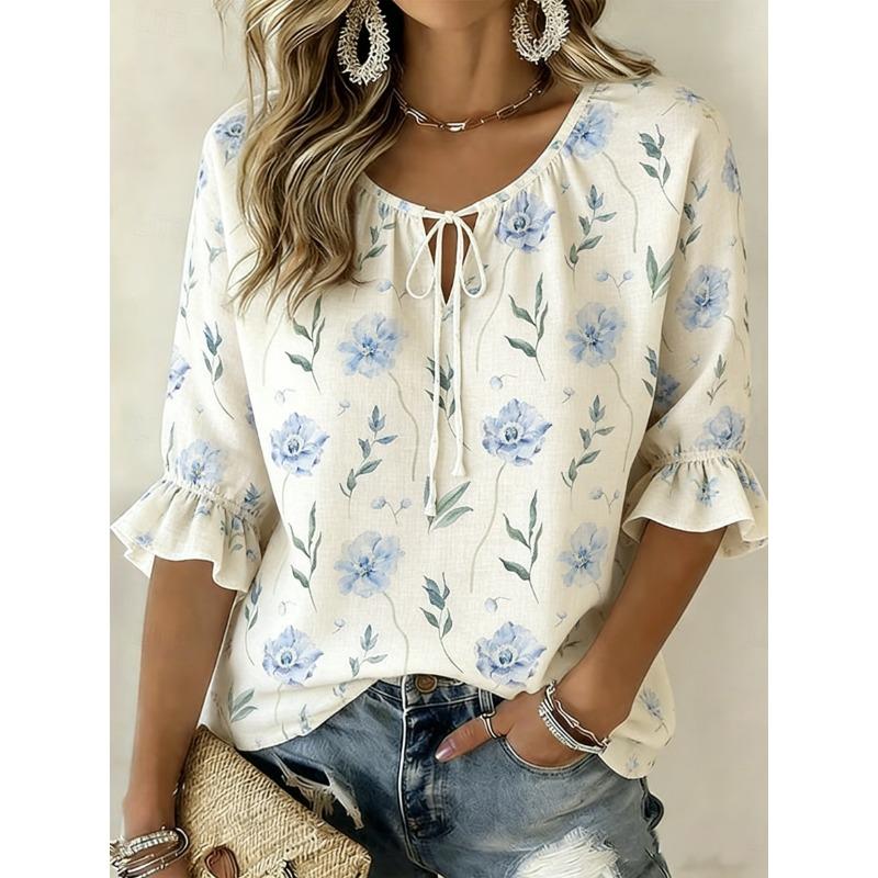Women's White Lily of the Valley Print Tie Neck Blouse, Casual Loose Tops for Spring Summer Daily Wear & Vacation Occasions