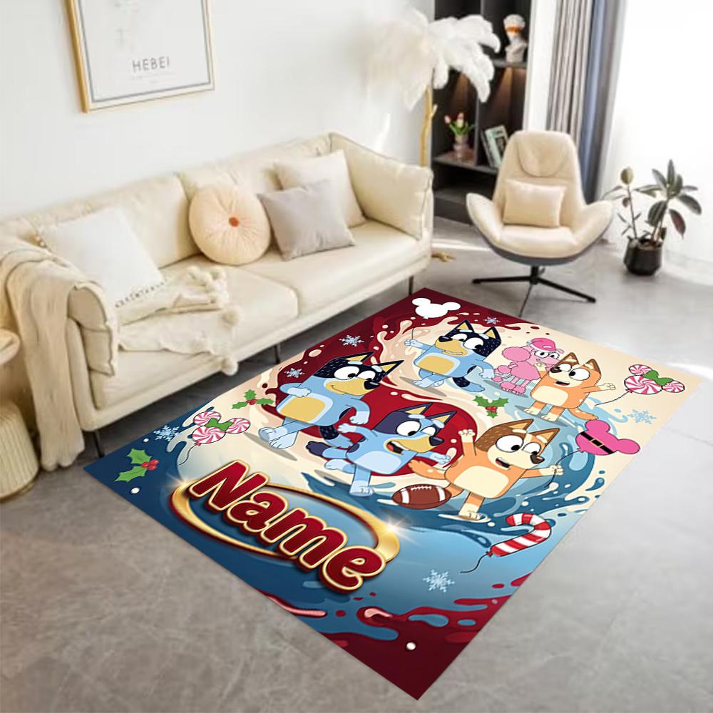 Bluey Soccer Fun Personalized Name Area Rug Design for Dining Room Balcony Dormitory Decorate room Anti-slip Rug Anime Office Decor Best for Christmas