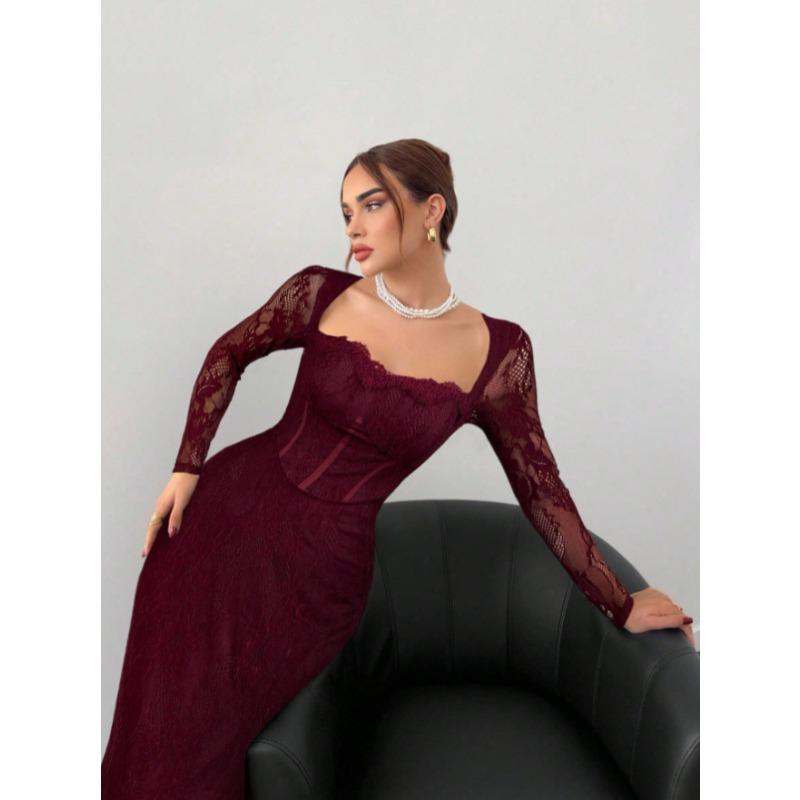 Xiyin Nian Square Neck Lace Splicing Split Fork Waist Skinny Long Sleeve Hip Wrap Zipper Dress