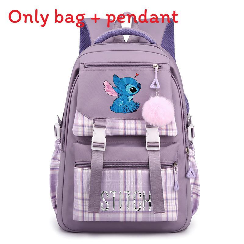 Cute Girl Backpack For School With Stitch Print And Checkered Patchwork Design For Middle School Students