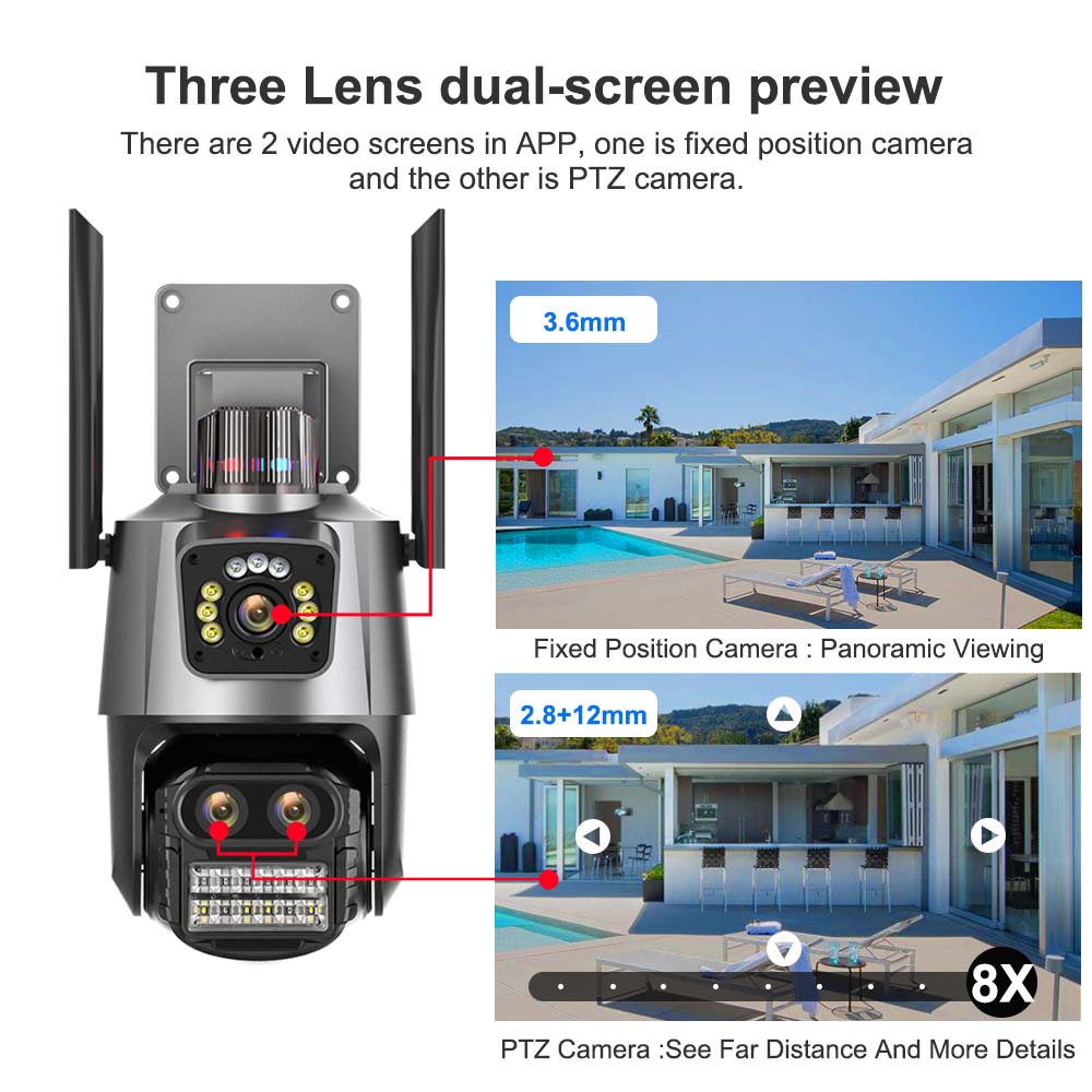 9MP WiFi IP Three Lens 8X Zoom Outdoor PTZ AI Tracking Smart Security Protection CCTV Surveillance Camera
