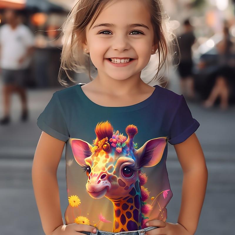 T-shirt Grafica a Fumetti Giraffa da Ragazza Maglietta Manica Corta Stampa Estate Primavera Attiva Moda Carino Bambini Esterno Casual Quotidiano