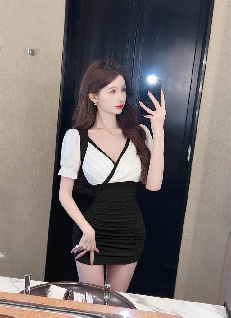 PTORGE Tight Mini Cabaret Short High Puff Bodycon Switching Women's Dress, Dress, Dress, Dress, V-Neck, Waist, Sleeves, Dress, Sexy, Stretch, Party,