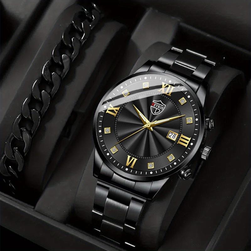 

2 шт./комплект модные кварцевые часы с календарем, роскошные деловые наручные часы из нержавеющей стали, идеальный выбор для подарков