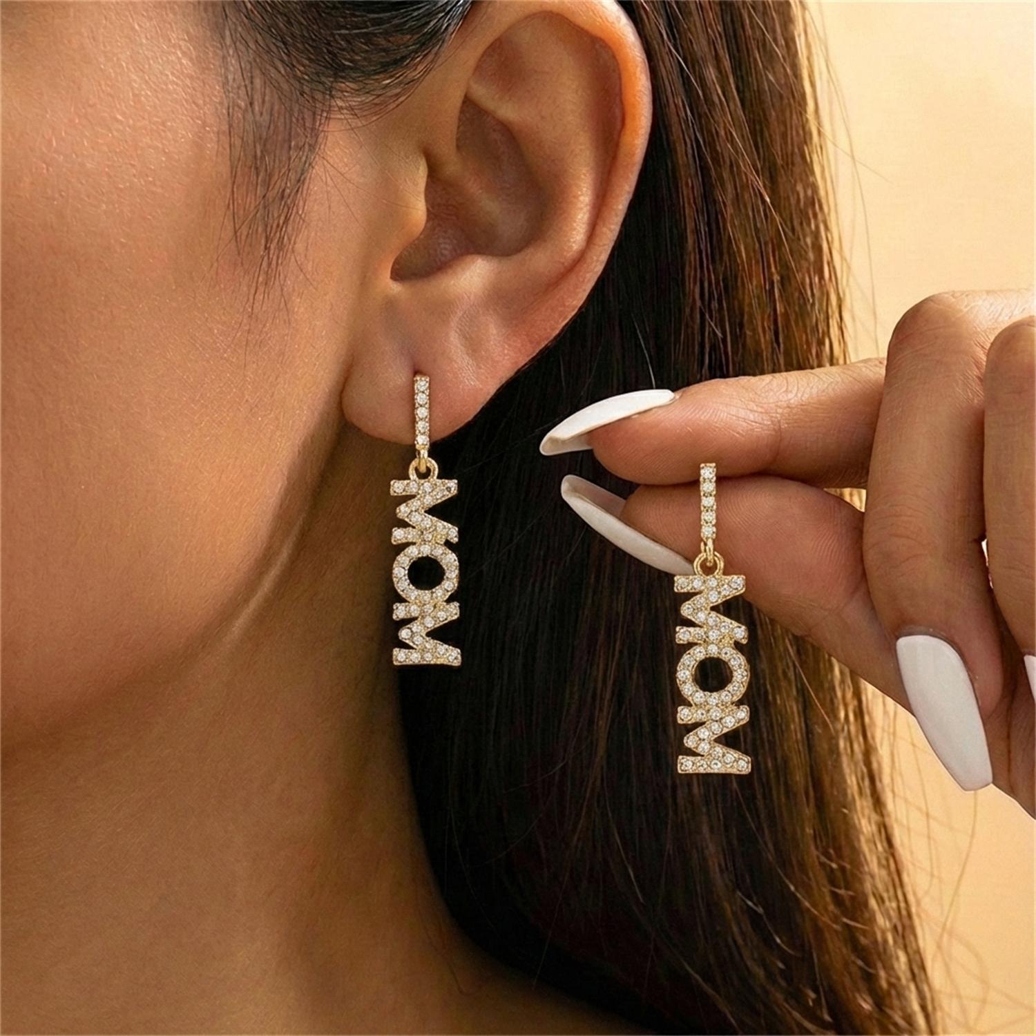 

Full Rhinestone MOM Letter Dangle Earrings for Women Sparkly Crystal Gold Color Drop Earring Mother s Day Light Luxury Jewelry