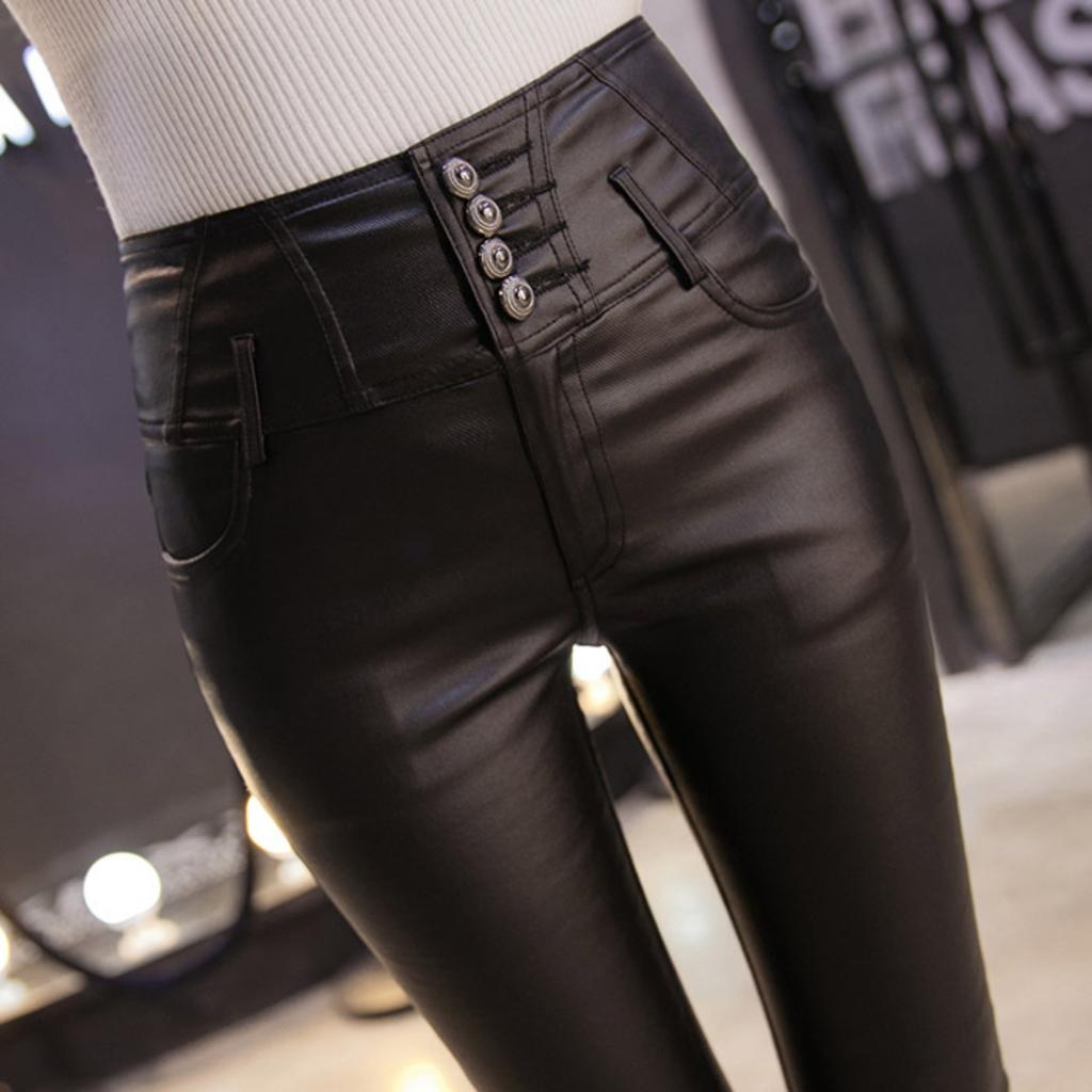 Women's High Waist PU Leather Pants Slim Fit Skinny Trousers Winter Warm Faux Leather Leggings