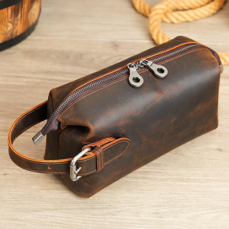 Crazy Horse Leather Men s Handbag Retro High End Grip Bag Large Capacity Storage кофейный