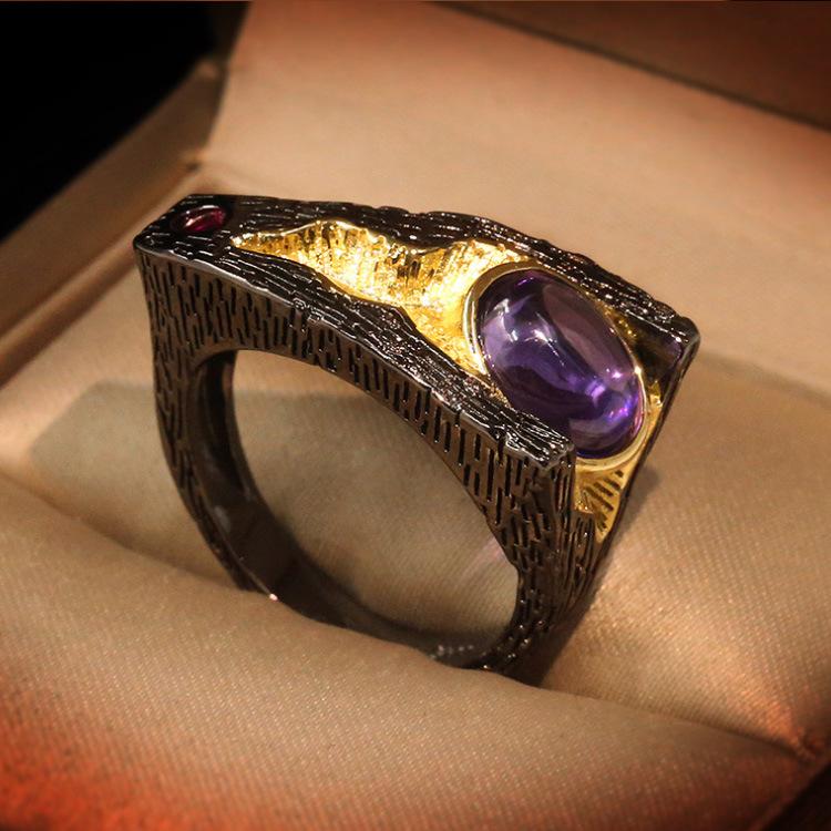 Retro Black Gold Purple Gem Ring for Womens Popular Wedding Party Dance Jewelry