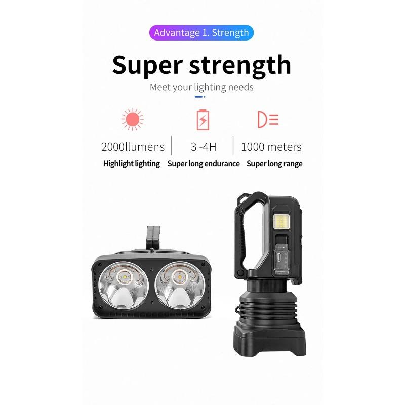 2*XHP50 Super Bright LED Camping Spotlight Fishing Flashlights with Side Light Waterproof Floodlight USB Rechargeable Flashlight