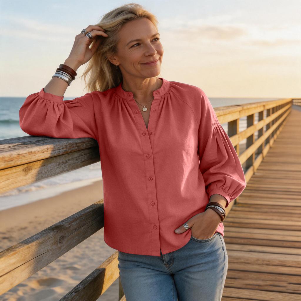 Women's Raglan Puff Sleeve Blouse - Loose Fit Casual Top with Single Button Closure