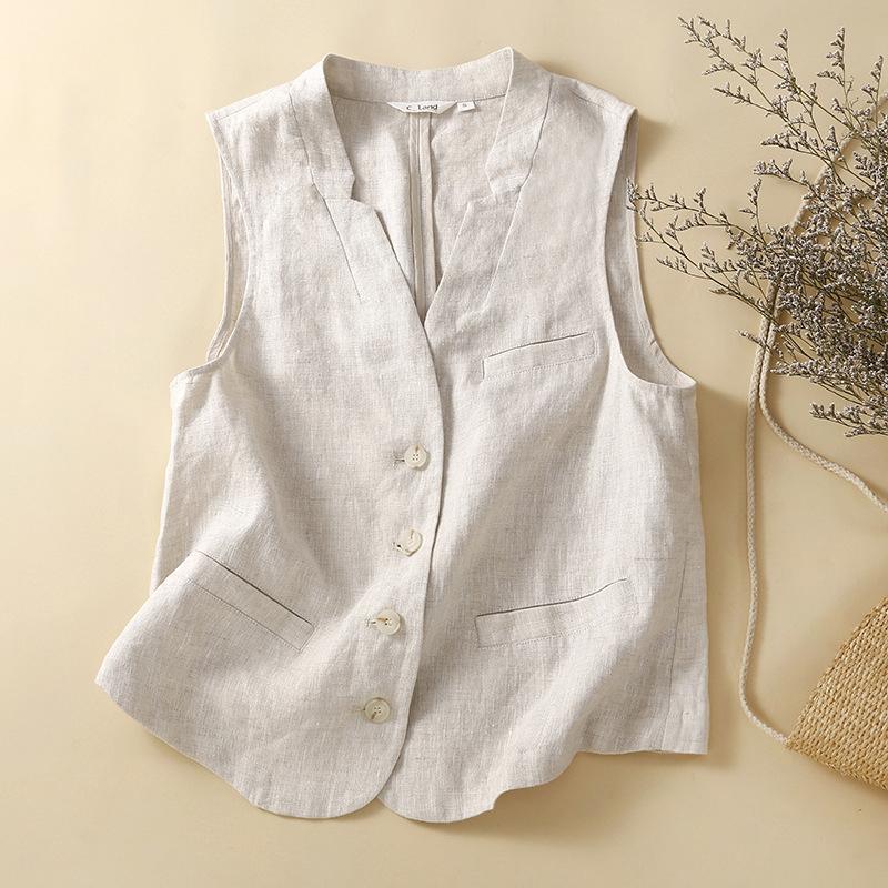 Women's Summer Cotton Linen Vest Casual Loose V-neck Sleeveless Jacket Coat Korean Style Fashion Elegant Casual Vest Top