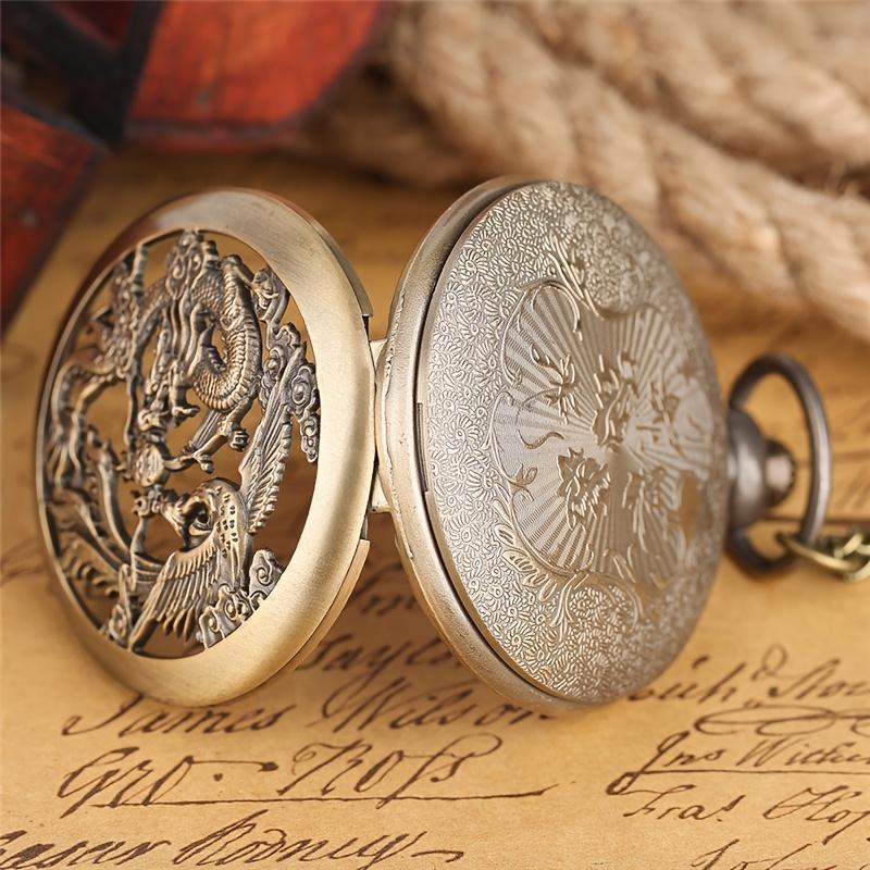 Antique Double Dragons Playing with Beads Pattern Quartz Pocket Watch With Necklace Chain Vintage Gift for Male Women and Kids