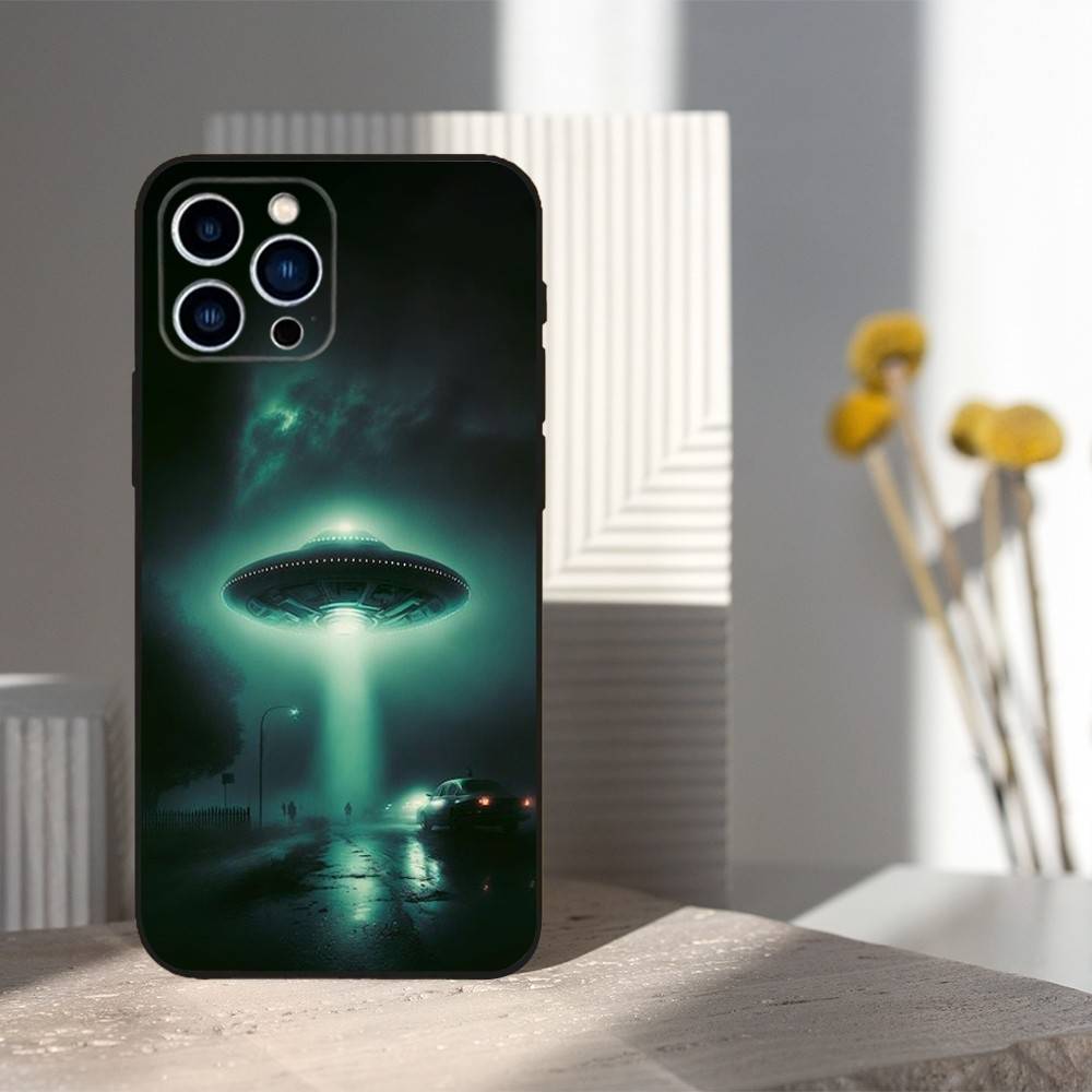 Space Art UFO Alien Thing Phone Case For iPhone 16,15,14,17,13,12,11 Plus,Pro Max,XS,X,XR,SE,Mini,8,7,Soft Silicone Black Cover