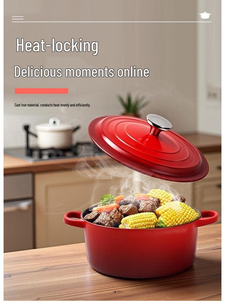 Seven-Piece Cast Iron Enamel Cookware Set: Includes Frying Pan, Flat-Bottom Pot, Stew Pot, Seafood Pot, and Mommy Pot