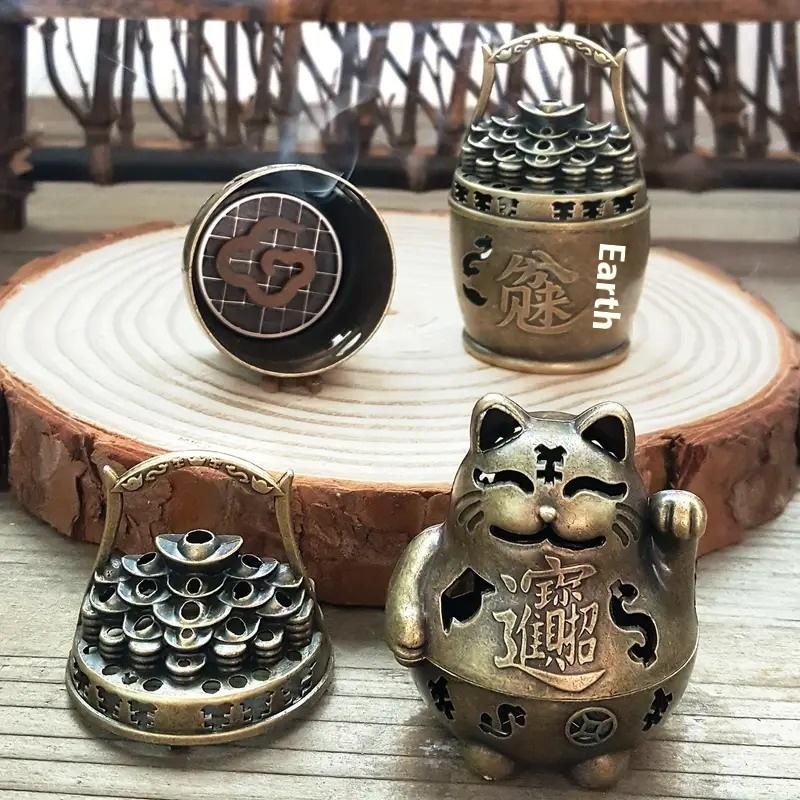 Lucky Wealth Cat Incense Burner Golden Feng Shui Good Luck Home/Office Decor With Prosperity Symbols Meditation Accessory