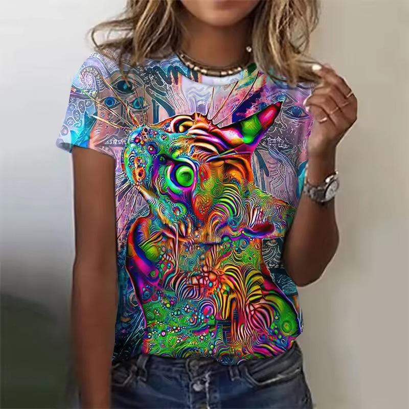 Summer Round Neck 3D Cat Pattern Print Top Fashionable Casual Short Sleeved Women's T-shirts