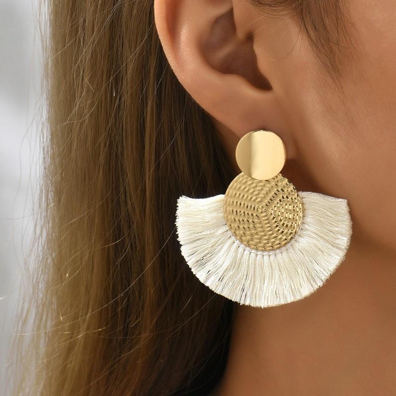1 Pair Fashion Bohemian Style Fan-shaped Tassel Dangle Earrings For Women Girls Statement Drop Earrings Zircon Accessories