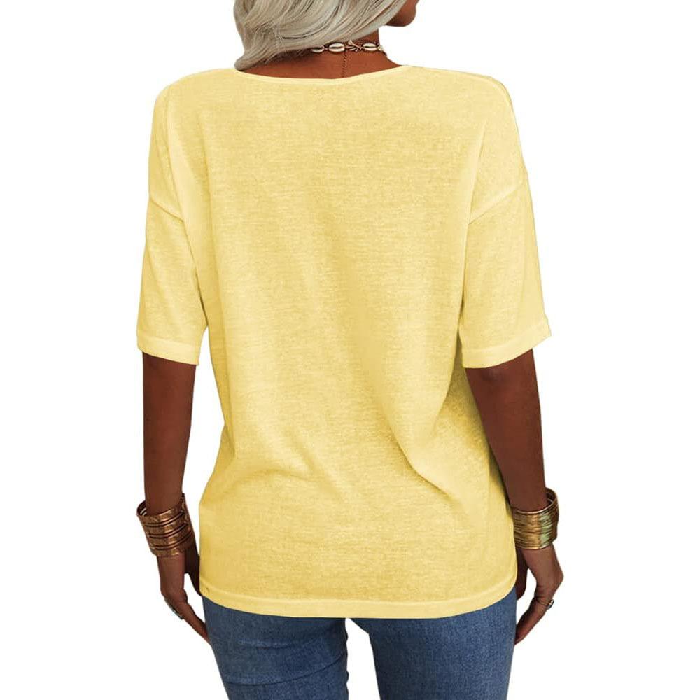 Women Fashion V Neck Tee Shirt Summer Casual Short Sleeve Top Loose Solid Color T-shirt