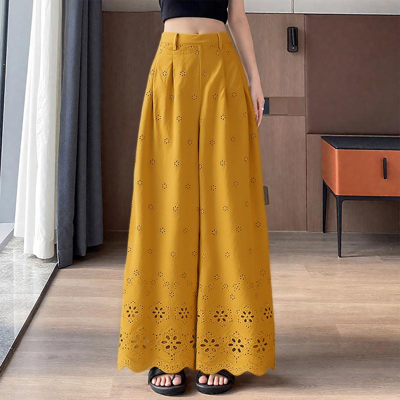 

ZANZEA Женские повседневные брюки с эластичной талией, свободные, с ажурными вставками, широкие штанины XL оранжевый