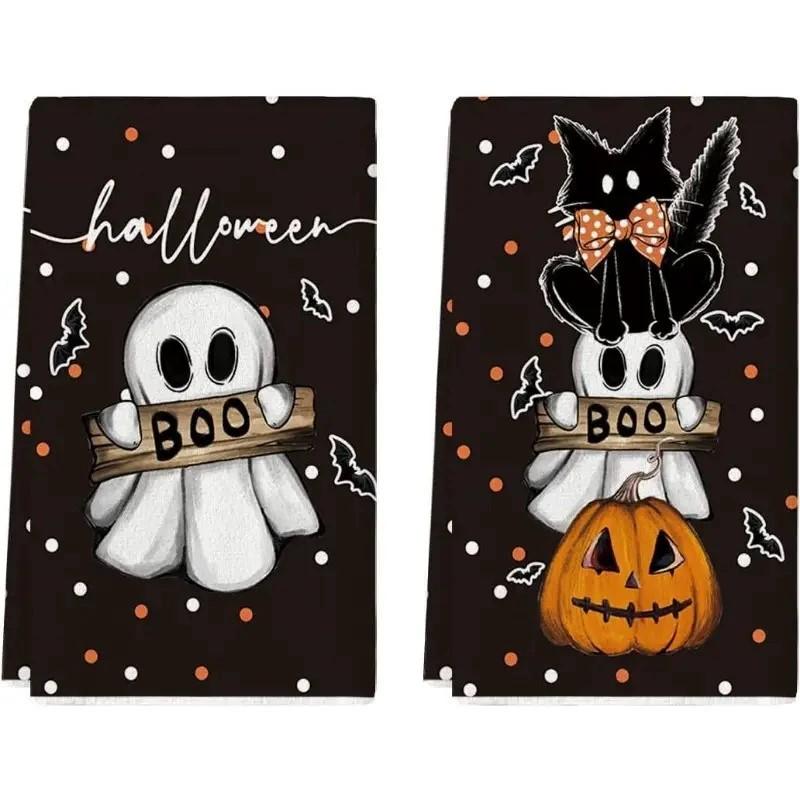 

2PCS Black Cat Pumpkin Ghost Halloween Kitchen Towels Dish Towels, 40*60cm Reusable Absorbent Hand Towels for Kitchen Bathroom