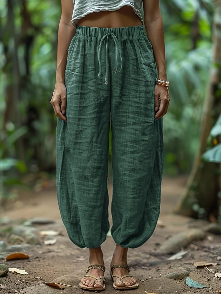 

Loose Linen Pants | Comfortable and Easy Design with Fake Drawstring, Solid Color, All-season Wear S зелёный