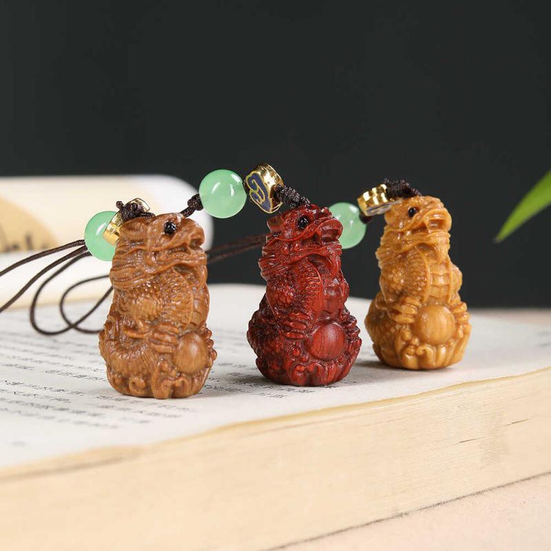 Creative Chinese Style Zodiac Dragon Carving Keyring Pendant in Green and Purple Sandalwood
