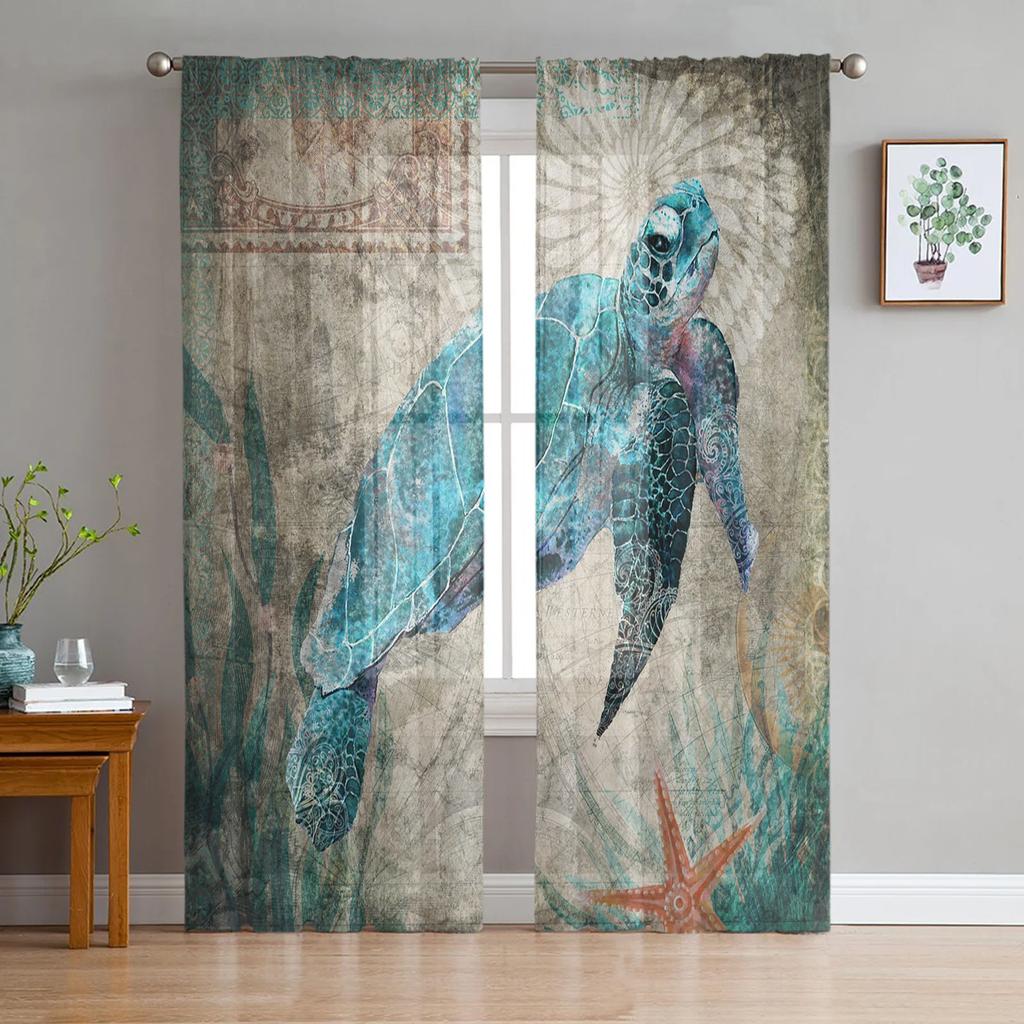 Sea Turtle Ocean Creature Landscape Voile Curtains Living Room Bedroom Transparent Tulle Window Drapes Curtain With Sheer Polyester Perfect For Area