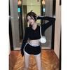 Black sports suit Spice girl long-sleeved T-shirt short top women's summer high-waisted tight casual shorts two-piece set