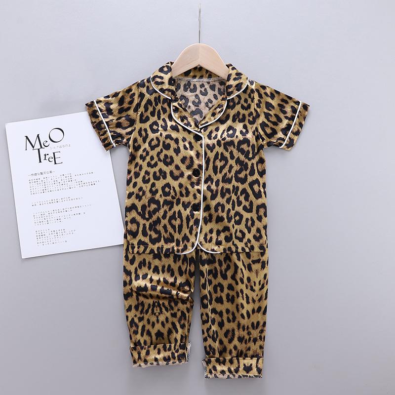 Baby Pajamas Nightwear Girls Boys Summer Leopard Print Printing Short Sleeve Pajamas Tops Sleep Pants Nightclothes Kid Nightgown