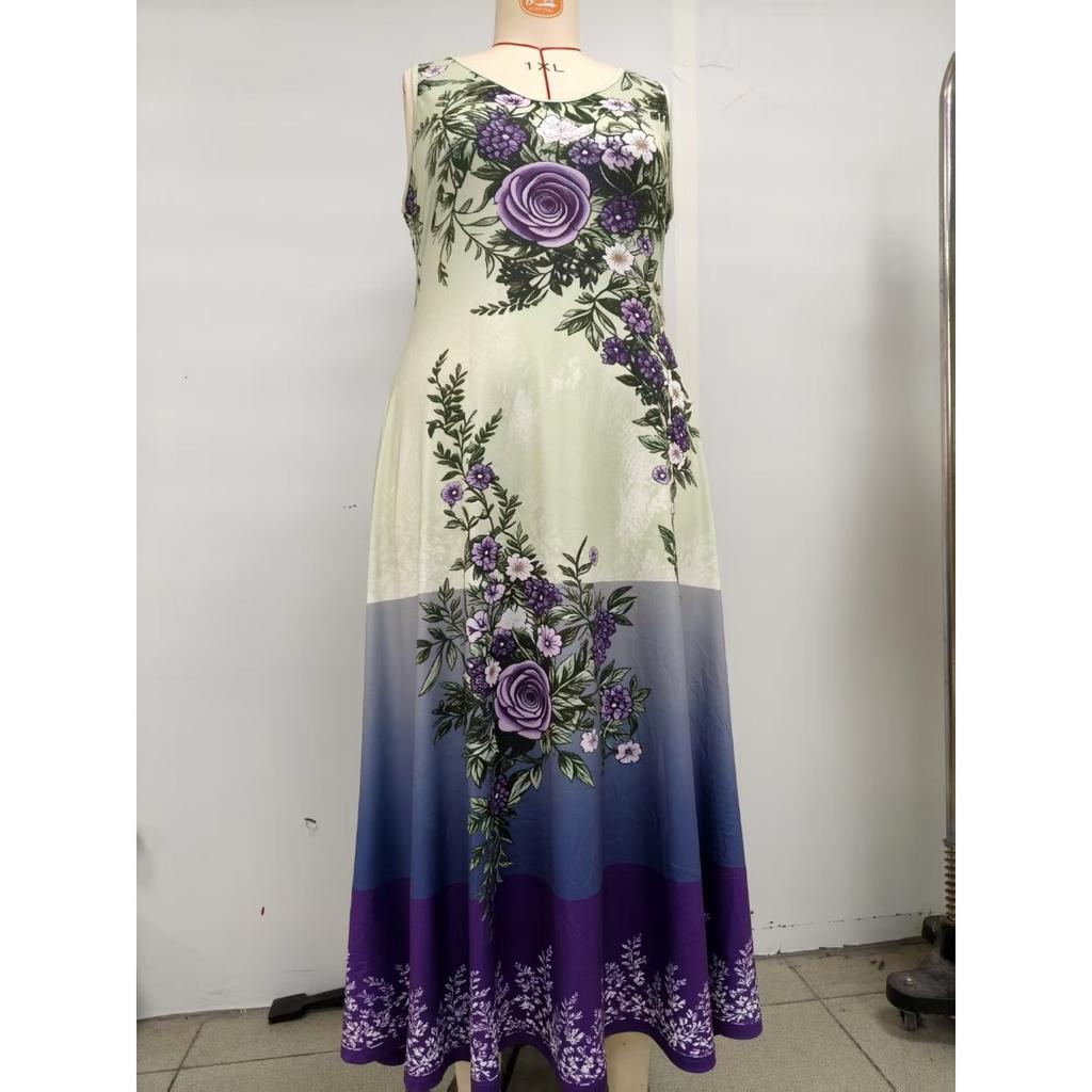 Summer New Plus Size Women's Elegant Sleeveless V-neck Print Long Dress Leisure