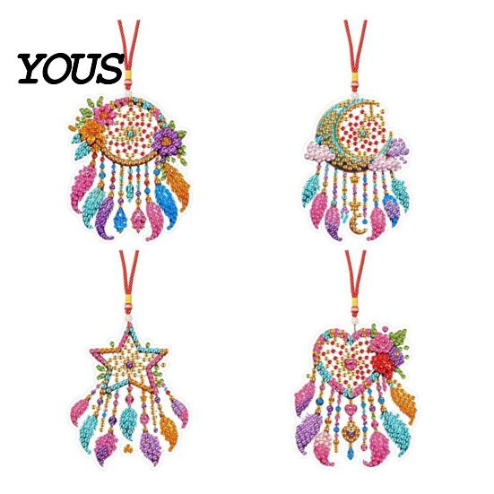 Faux Diamond Painting Craft Set 4Pcs Hanging Art Kit for Christmas Tree, DIY Mini Diamonds Kits Ornament Kit, Acrylic Window Pendant Adults Beginners
