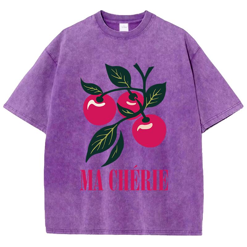 Vibrant Cherries Printing Washed TShirts Womens Cotton T Shirts ONeck Comfortable Distressed Tops Summer Casual Woman Clothes