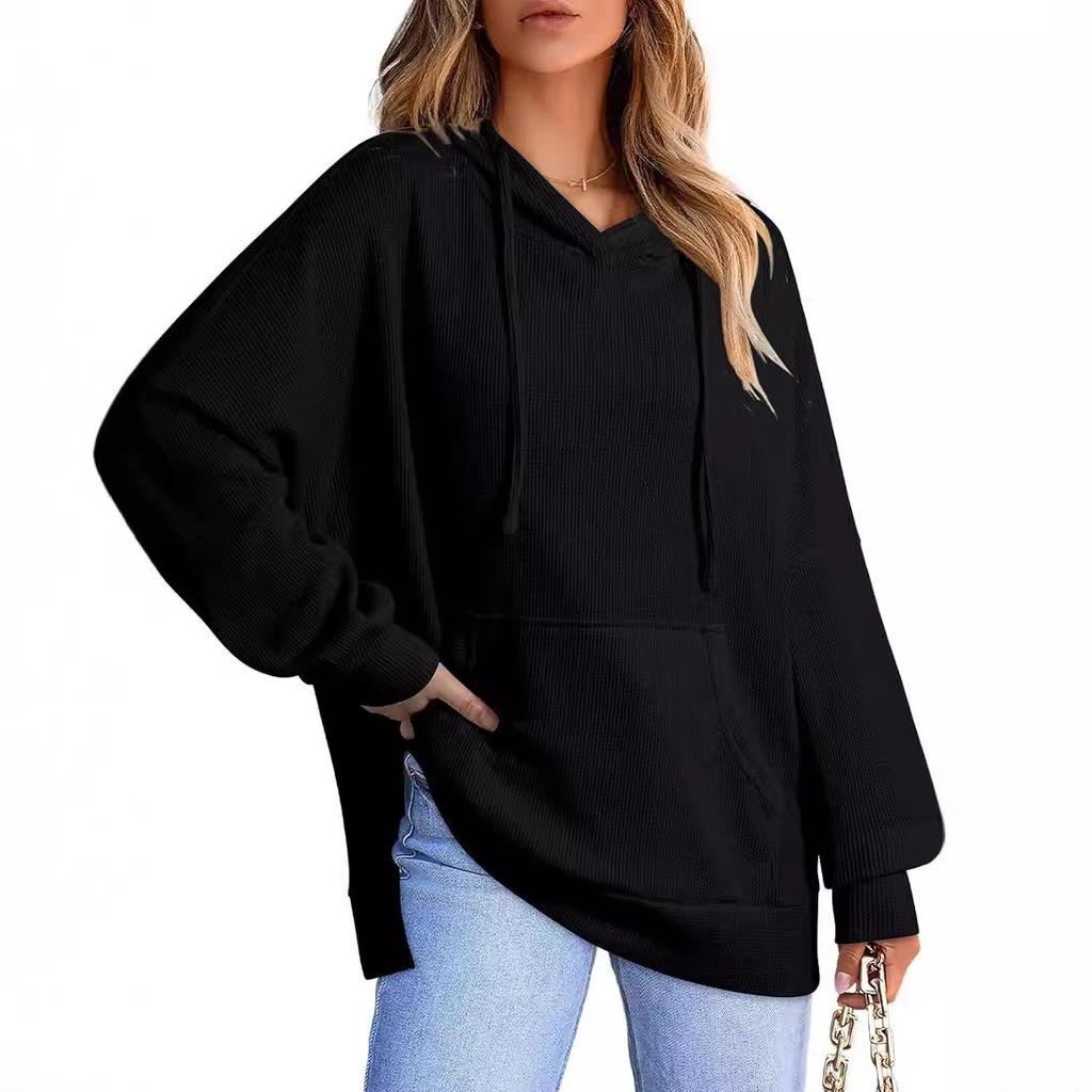 2024 Women's Hooded Waffle Knit Pullover Sweatshirt with Pocket, Long Sleeve, Autumn/Winter