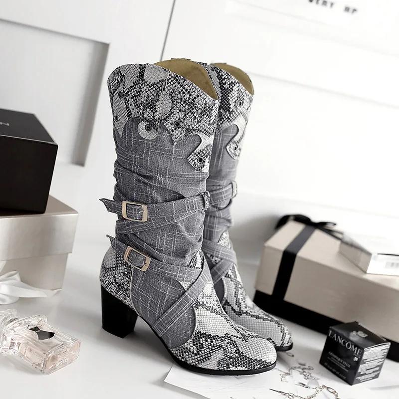 Hochwertige Damen-Schuhe mit Schlangenprint aus PU mit dickem Absatz Damen Winter High Boots Modische bedruckte warme Stiefel Große Größe