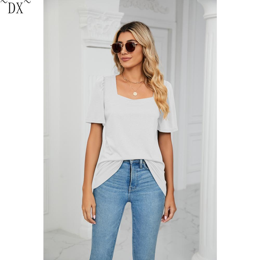 DX~~ Весенне-летняя новая однотонная свободная футболка с квадратным воротником — фото 22