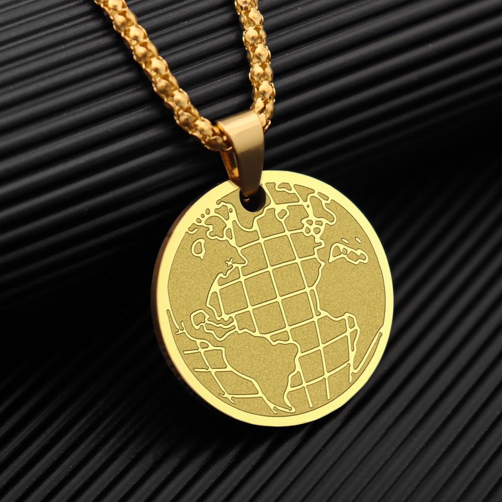 Round Stainless Steel World Map Pendant Charm Men's Necklace Fashion Hip Hop Punk Jewelry Accessories Party Gift