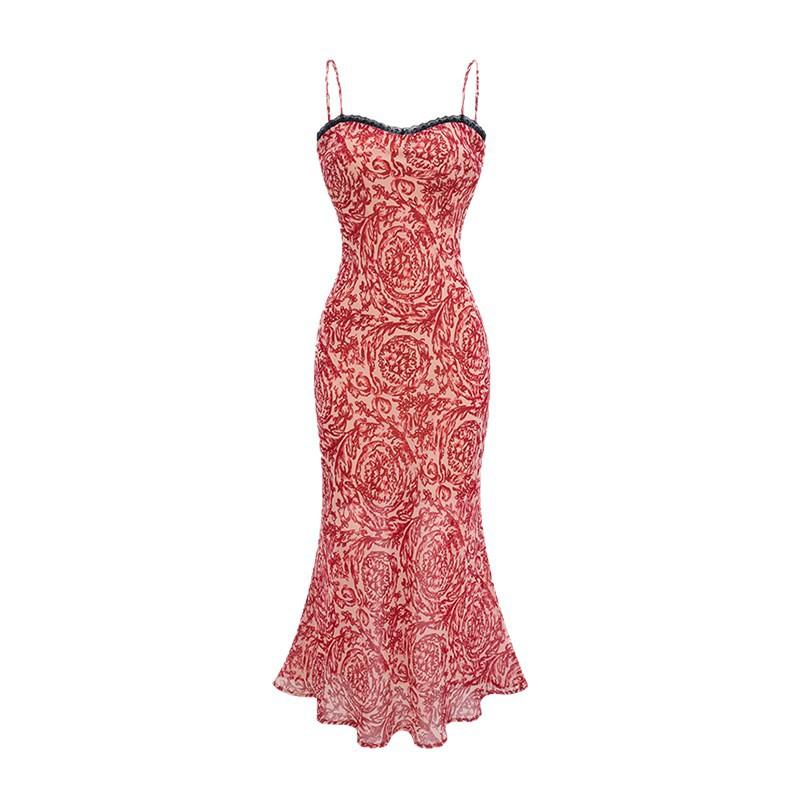Retro red printed suspender dress women's summer lace splicing waist fishtail skirt pure hip-wrapped dress